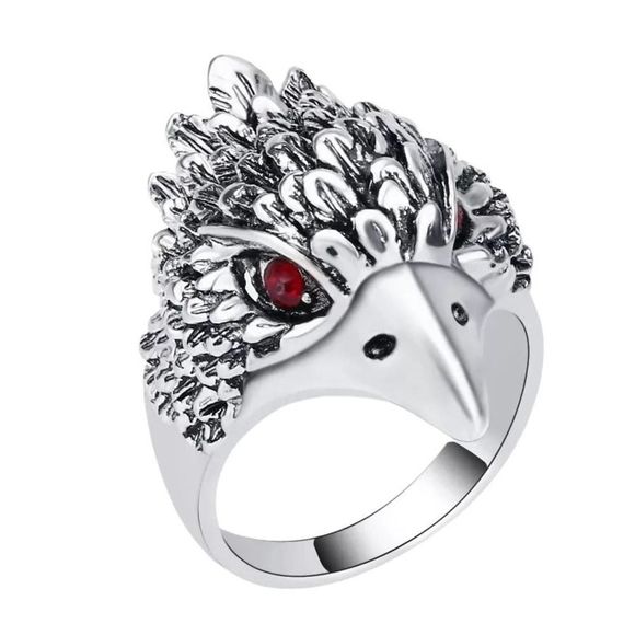Antiqued Ancient Silver Round Red Crystal Eye Falcon Head Ring Size 10 - Picture 1 of 6